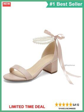 Pearl Open Toe Wedding Heels Low Block Chunky Bridal Pumps Bow Ankle Strap